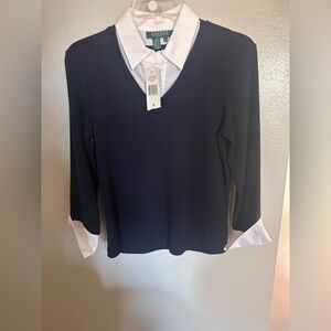 Lauren Ralph Lauren Green Label Collared Academia Shirt Sweater Blue Petite M